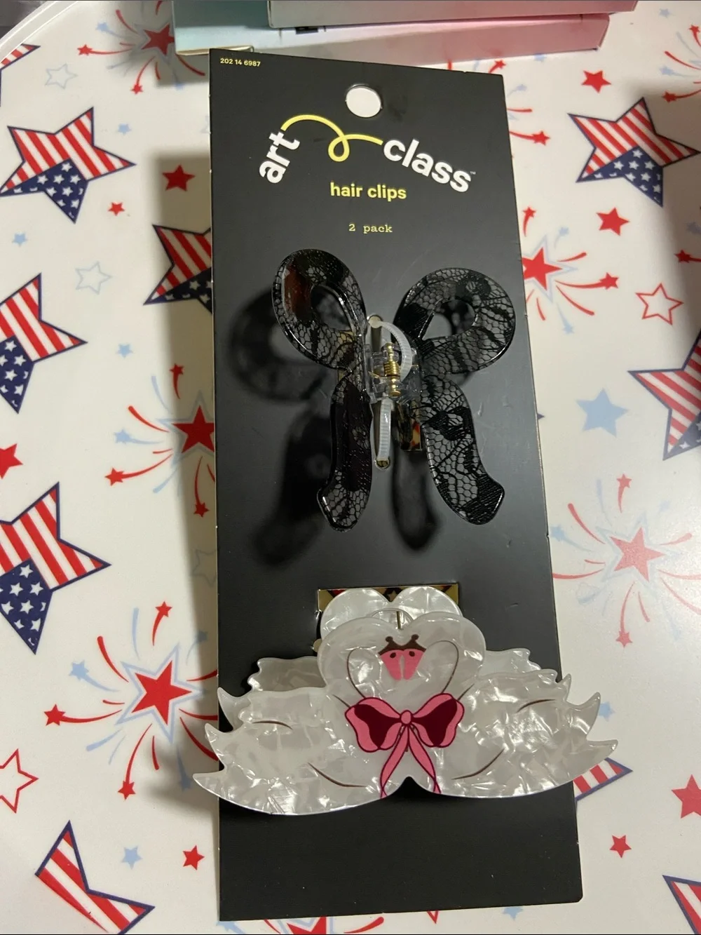 art class Black Lace Bow & White Swirl Swan Hair Clips - 2 Pack